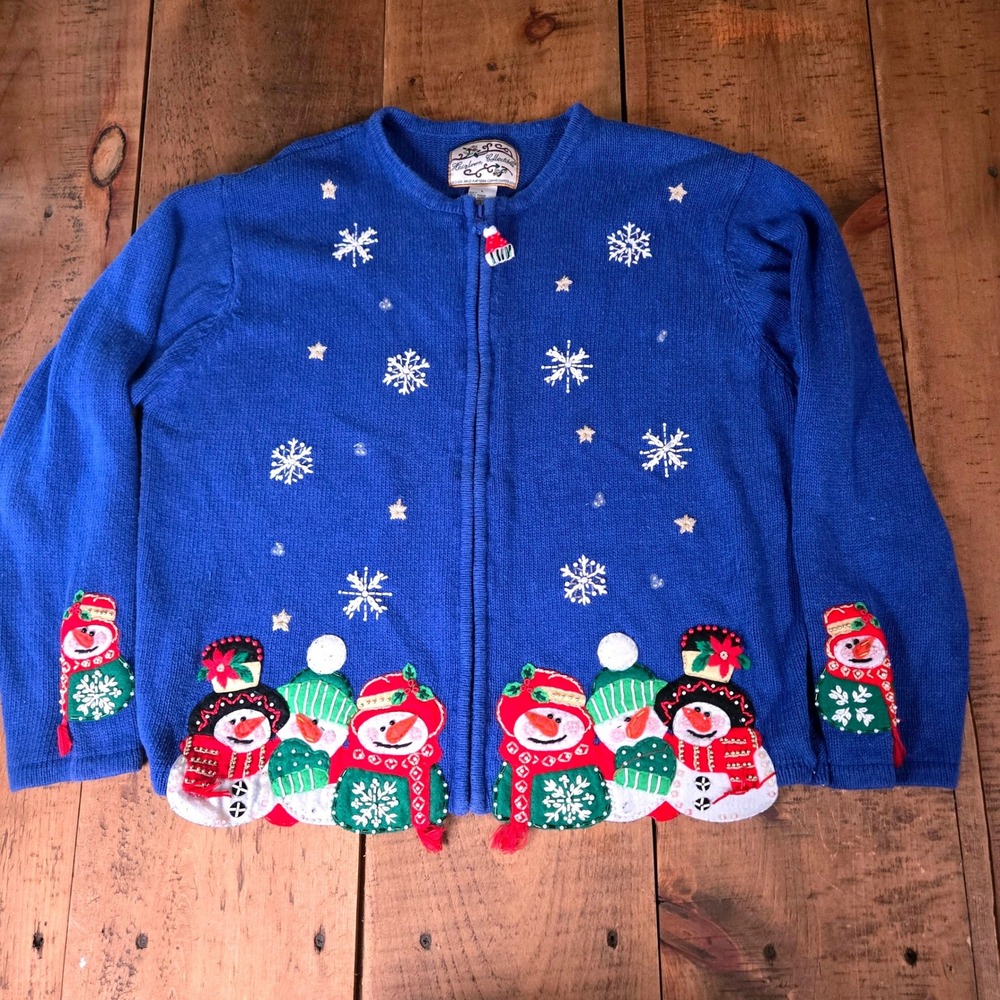 Vintage Heirloom Collectibles Snowman Zip Up Cardigan Sweater Blue Womens Large
